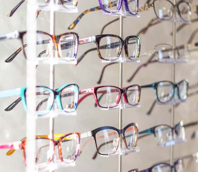 Glasses on display at Iowa eye doctor.