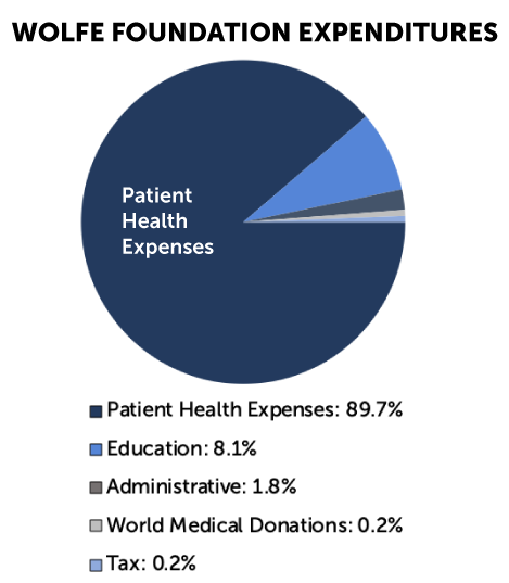 Pie chart depicting majority of Wolfe Foundation funds being used for patient health expenses.