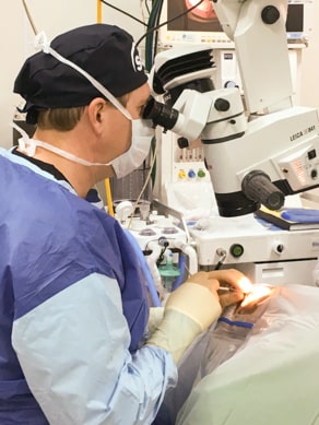 Dr. Ryan Vincent, a glaucoma specialist in Iowa at Wolfe Eye Clinic, performing glaucoma surgery.