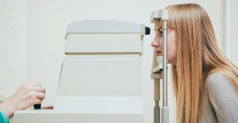 Woman receiving diabetic eye care treatment in Iowa dur