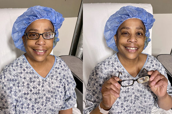 Cataract patient smiling because she no longer needs glasses after cataract surgery.